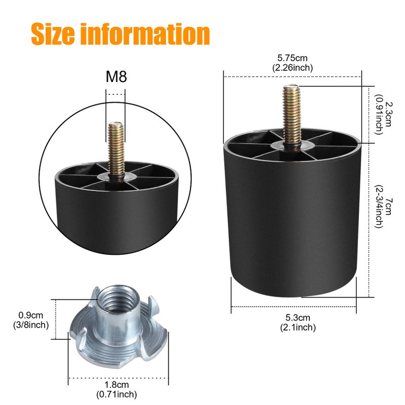 Manesi 2-3/4 inch Plastic Furniture Legs, Round Tapered Table Legs Black Sofa Legs Replacement Legs with M8 Hanger Bolts for Couch Table Sofa, Pack of 4 - Image 4